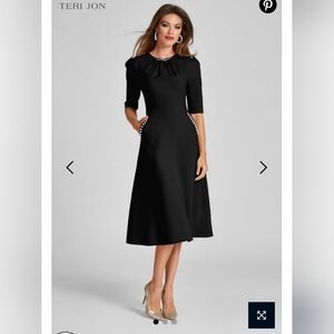 Teri Jon Elegant Black Midi Dress with Pearl Accents,  Size 12, Stretch